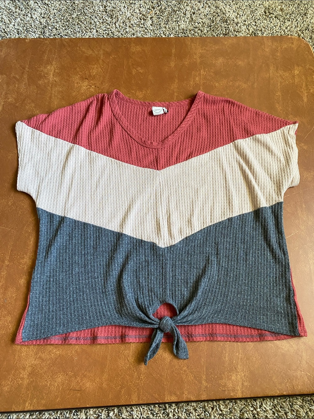 Paper Crane Colorblock Waffle-Knit Tie-Front Top in Rose, Cream & Slate